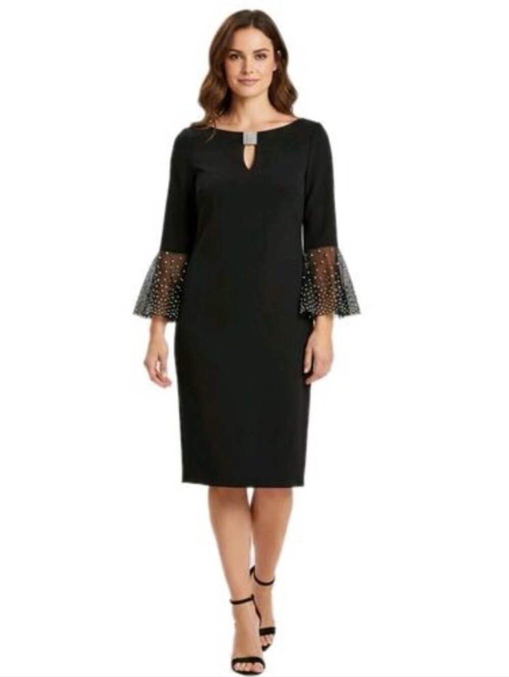 Jackie Jon New York Black Sheath Dress 3/4 Embellished Bell Sleeves Sz 10 Party